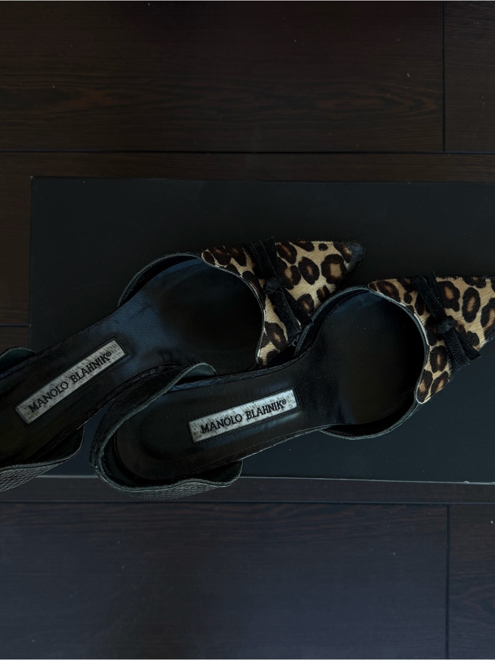 Rare Manolo Blahnik Black kitten Heels with Leopard Print and a leather base